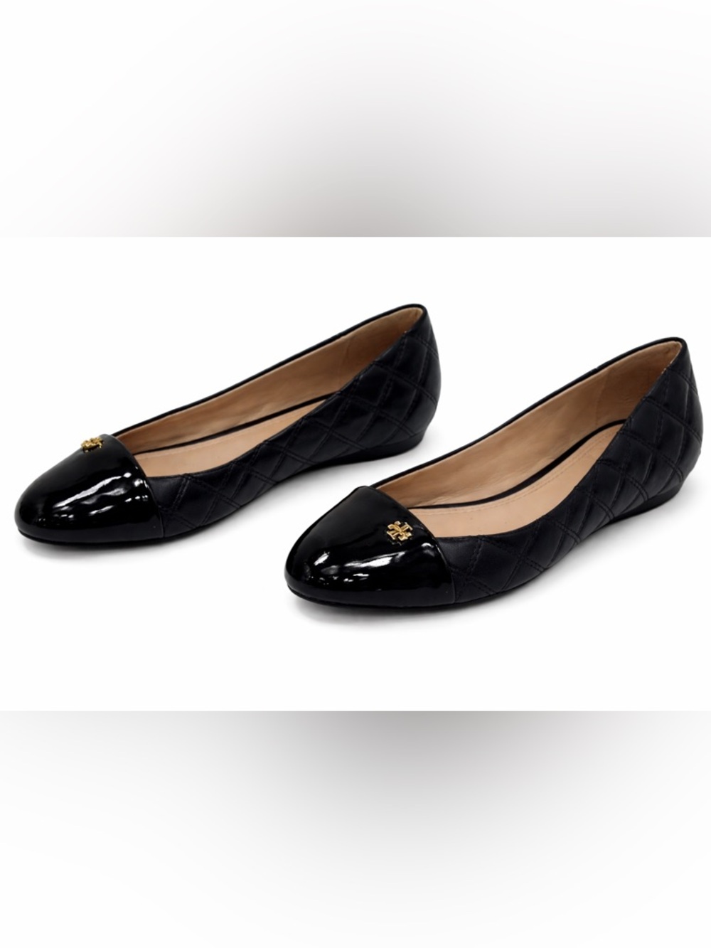 Tory Burch Quilted Leather Cap Toe Ballet Flats Black Patent Toe Women’s 7.5M